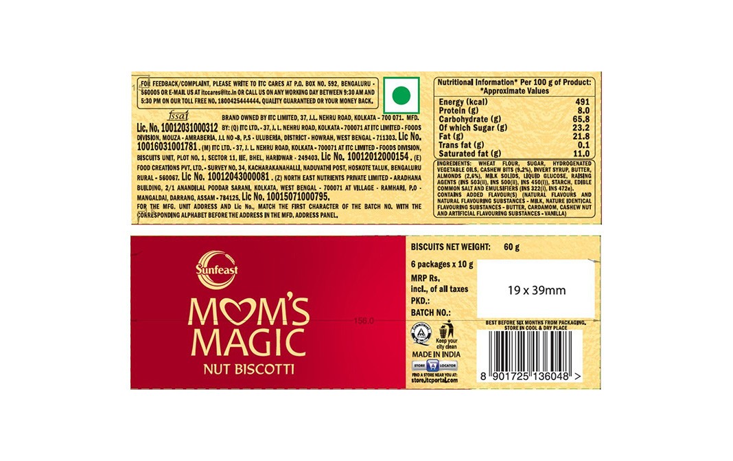 Sunfeast Mom's Magic Nut Biscotti   Box  60 grams